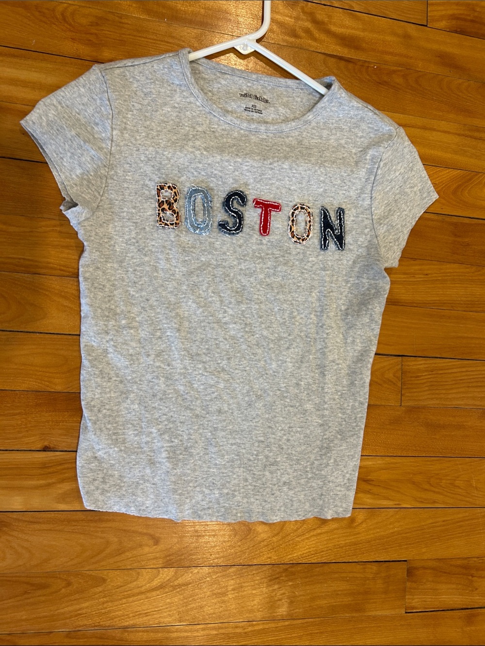 wild fable Light Gray Tee with Boston Appliqué in Denim, Red & Leopard